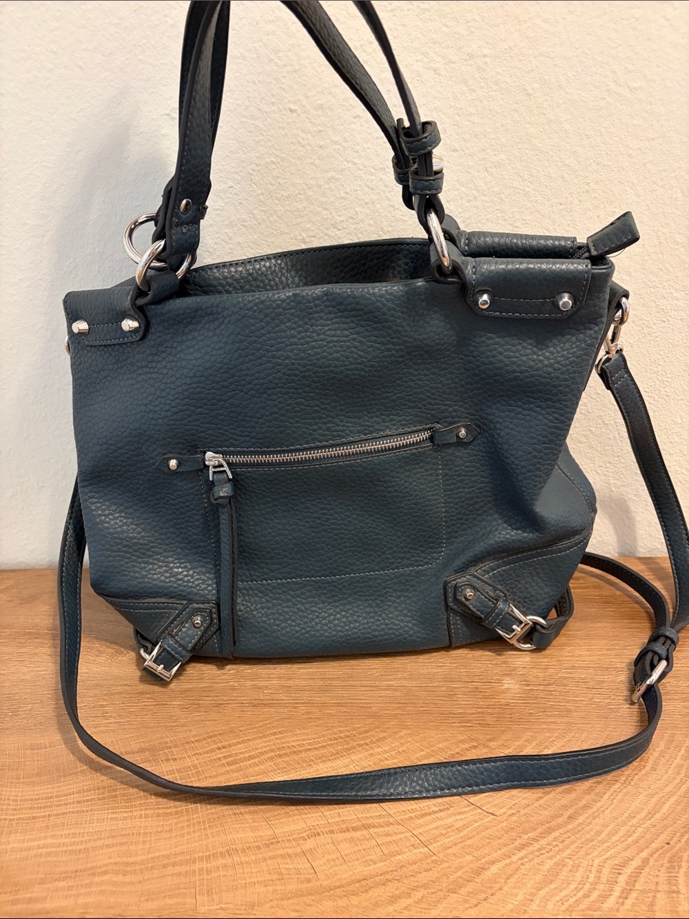 Structured Pebble Vegan Leather Shoulder Bag in Dark Teal (B5)